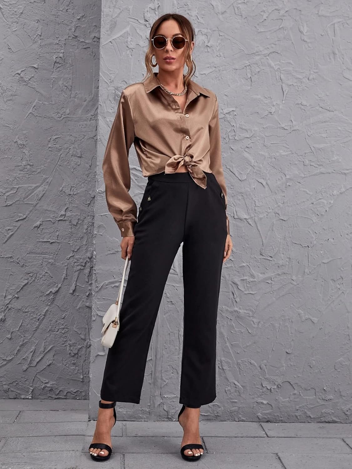 Bowrain Satin Silk Fabric Spread Collar Full Sleeve Top