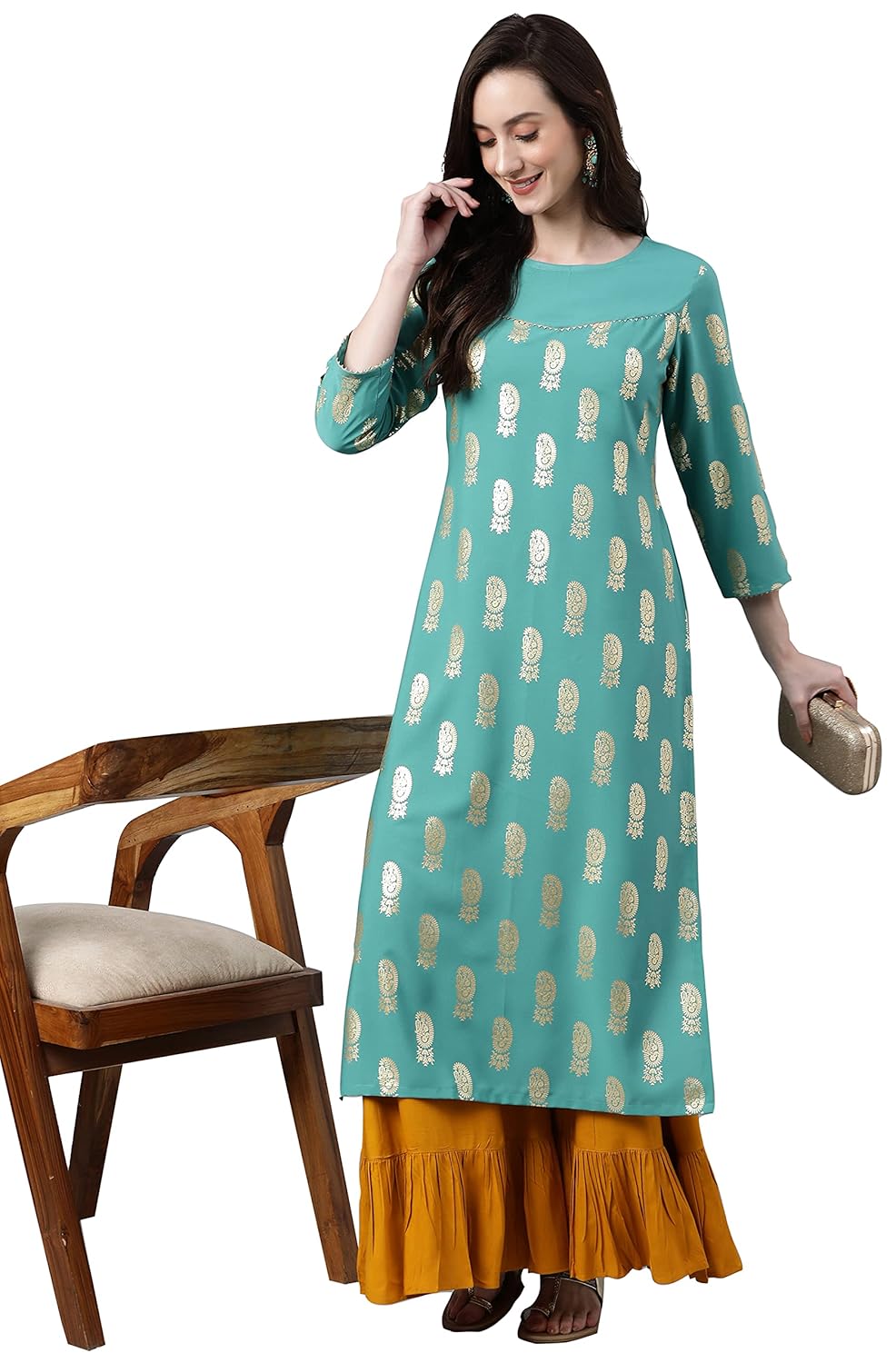 Women's Orange Rayon Gold Floral Print Straight Kurta