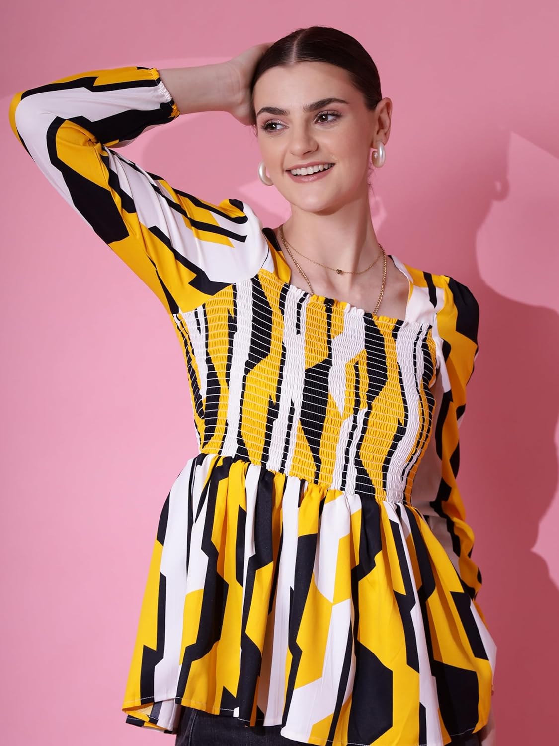 Sheetal Associates Women's Crepe Puff Sleeves Peplum Top with Floral Printed Regular Fit Full Sleeve and V-Neck Maxi Length