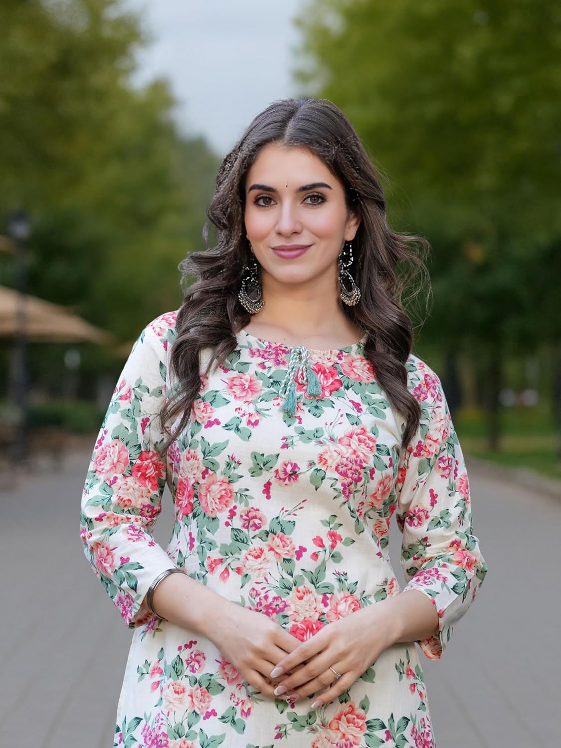 Royal Export Women's Floral Printed Beige Cotton Blend