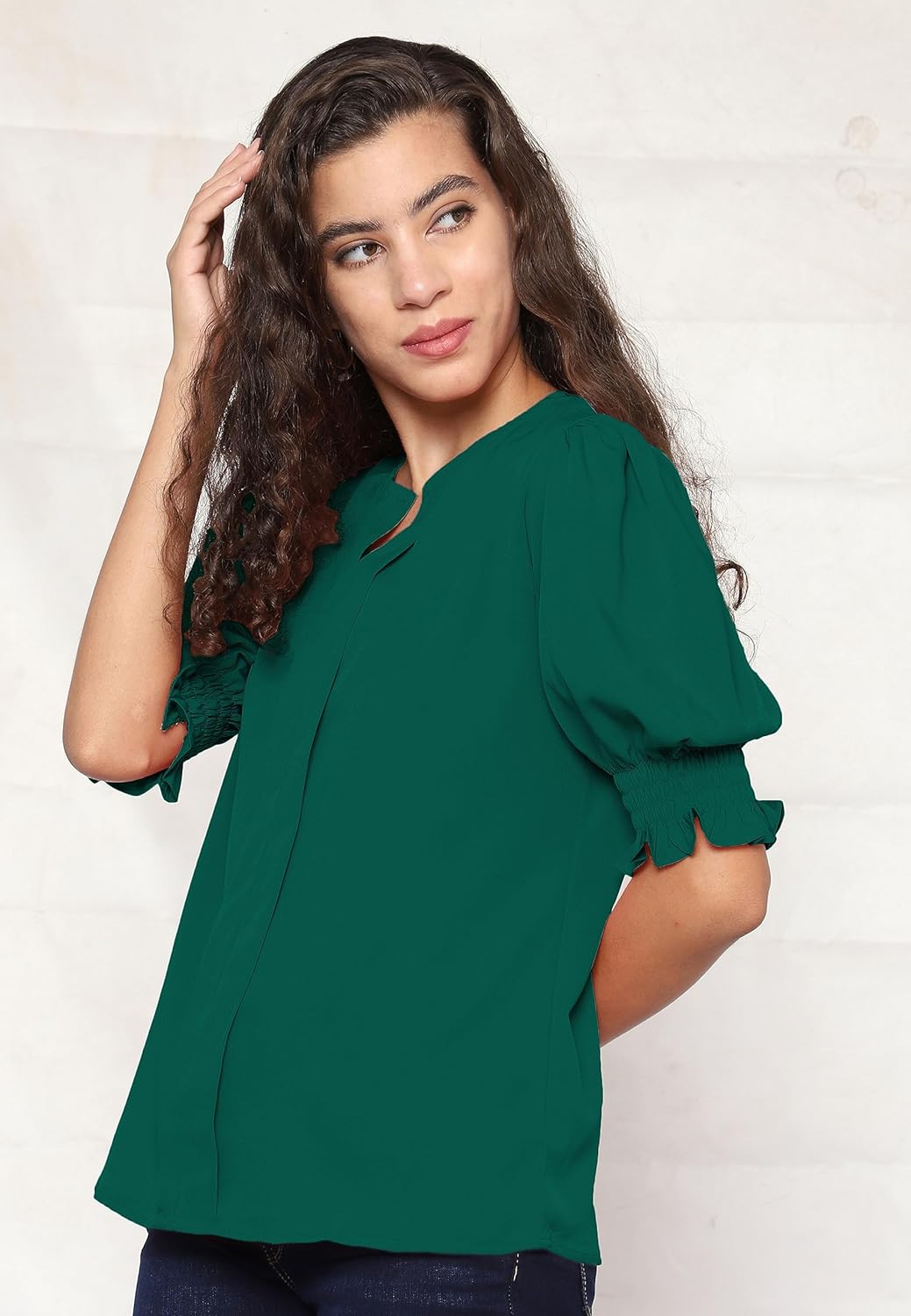 AntiQa Solid Puff Sleeve Top for Women Stylish Western - Casual V-Neck Ruffle Sleeve Blouse Wear as Latest Formal Office Tunics Western Tops for Summer, Short Plain Shirt for Womens