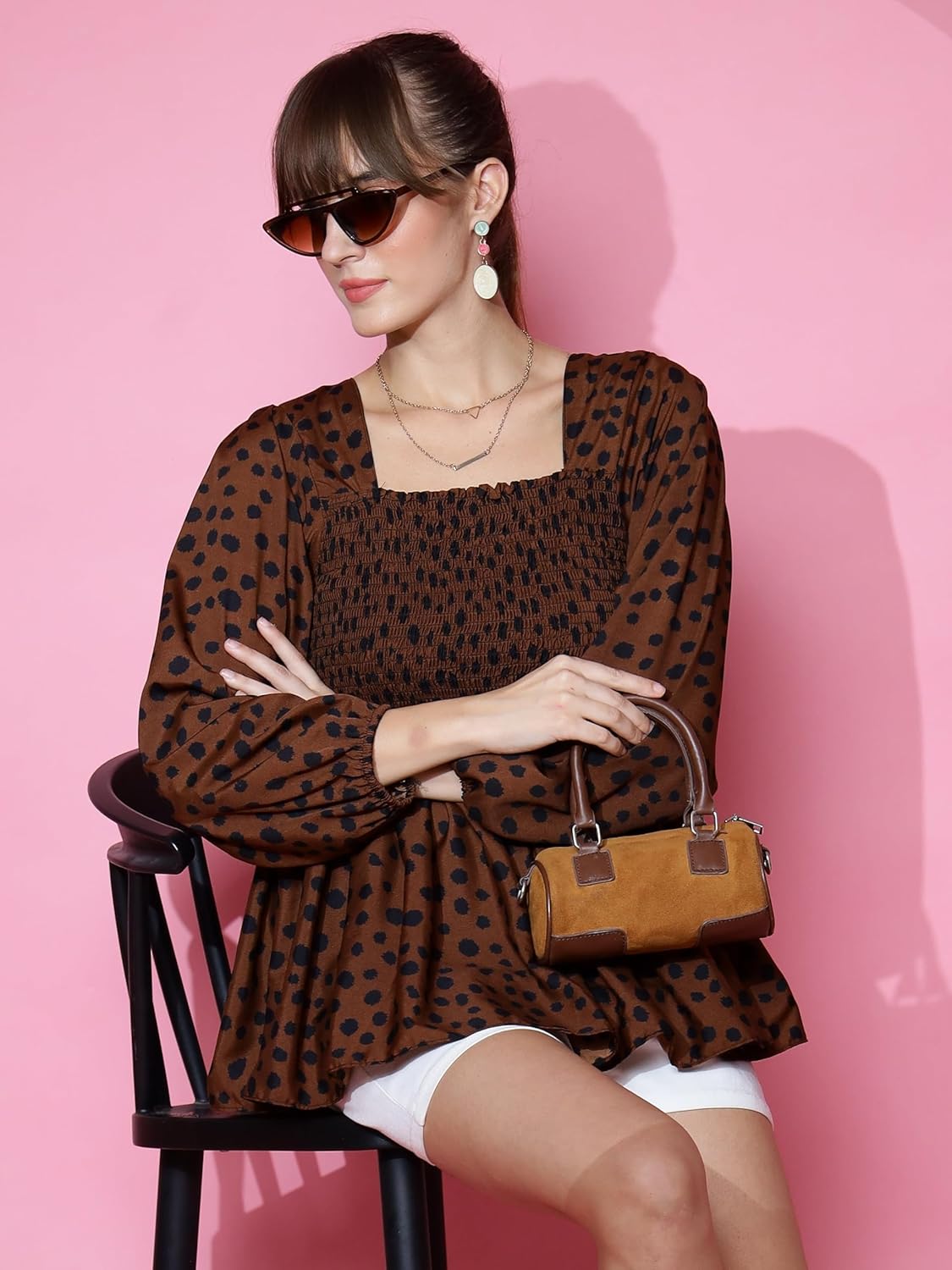 Sheetal Associates Women's Casual Bishop Sleeves Polka Print Peplum Top