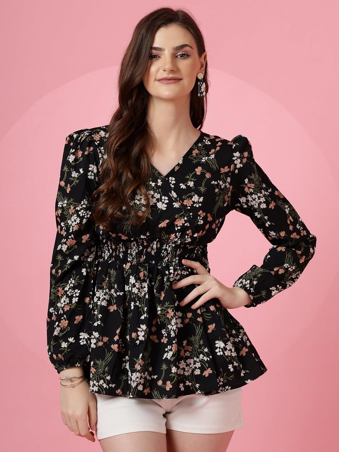Sheetal Associates Women's Crepe Puff Sleeves Peplum Top with Floral Printed Regular Fit Full Sleeve and V-Neck Maxi Length