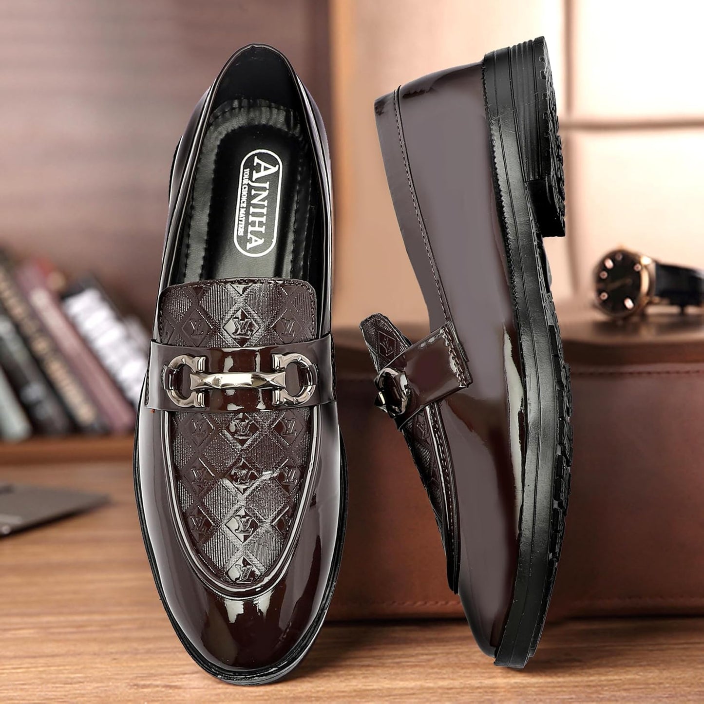 AJINHA Men's Patent Leather Loafers, Brown Quilted - alphahostel.in