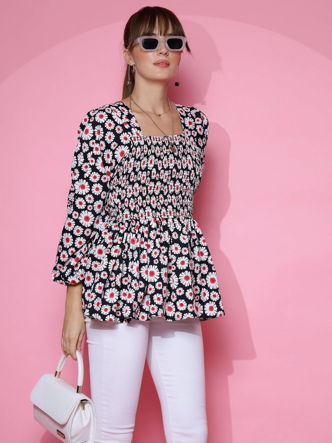 Sheetal Associates Women's Casual Bishop Sleeves Polka Print Peplum Top