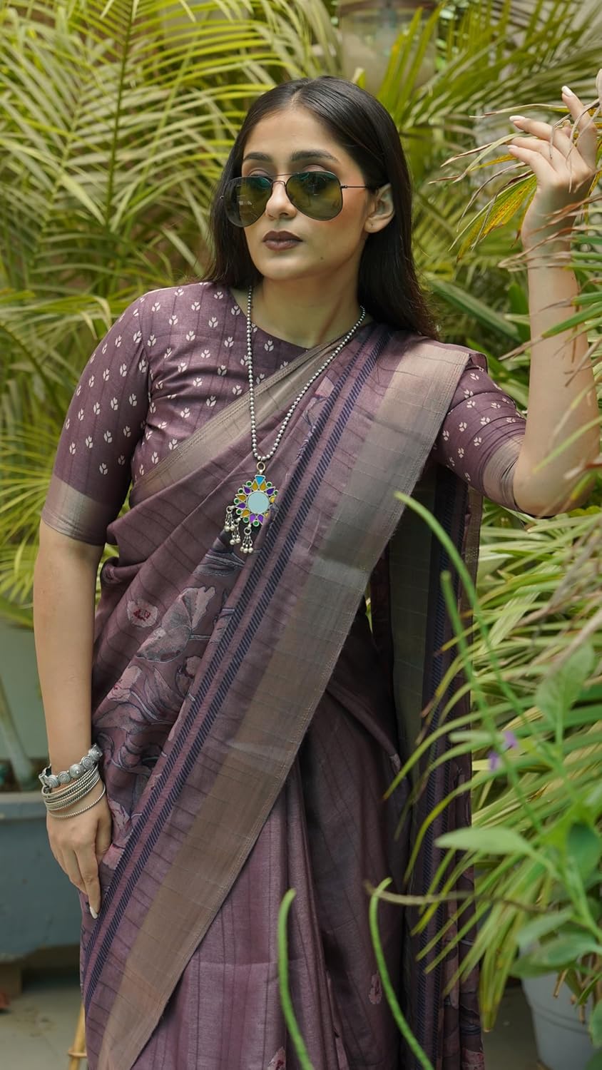 Women's Silk Blend Floral Printed Saree with Blouse Piece