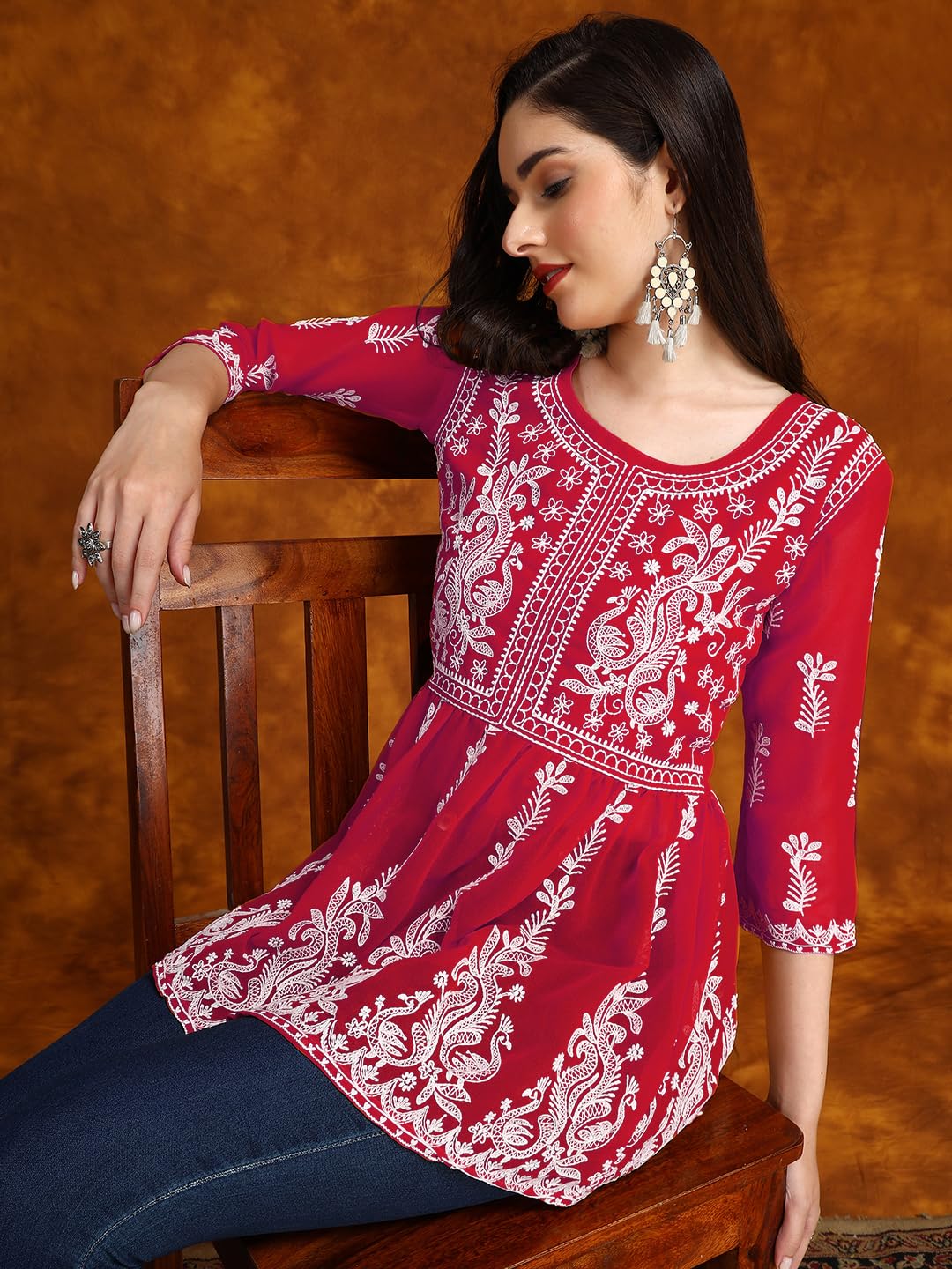 EthnicJunction Georgette Women Chikan Embroidery