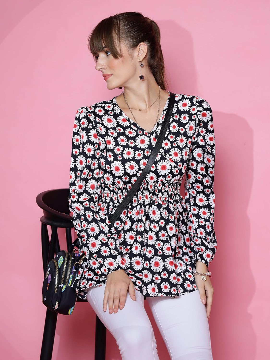 Sheetal Associates Women's Casual Bishop Sleeves Polka Print Peplum Top