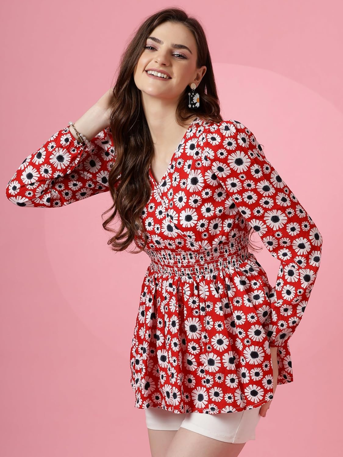 Sheetal Associates Women's Crepe Puff Sleeves Peplum Top with Floral Printed Regular Fit Full Sleeve and V-Neck Maxi Length