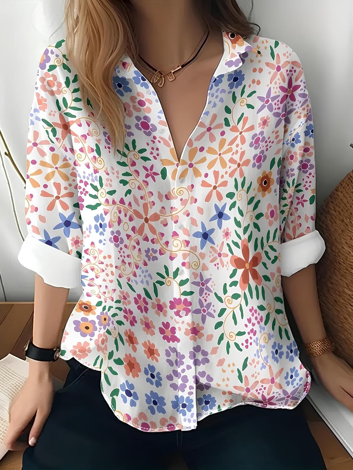 Gufrina Shirt for Women| Long Shirt for Women| Floral Print | Button-Down Western Shirt| Roll-Up Sleeves| Casual Relaxed Fit for Women