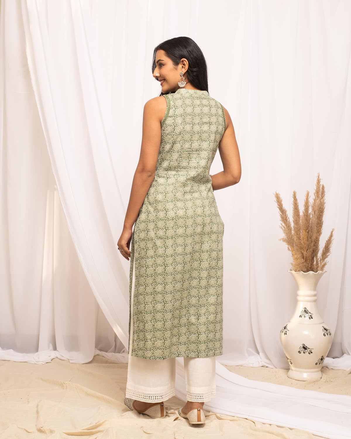 FIORRA Women's Light Green Floral Printed Cotton