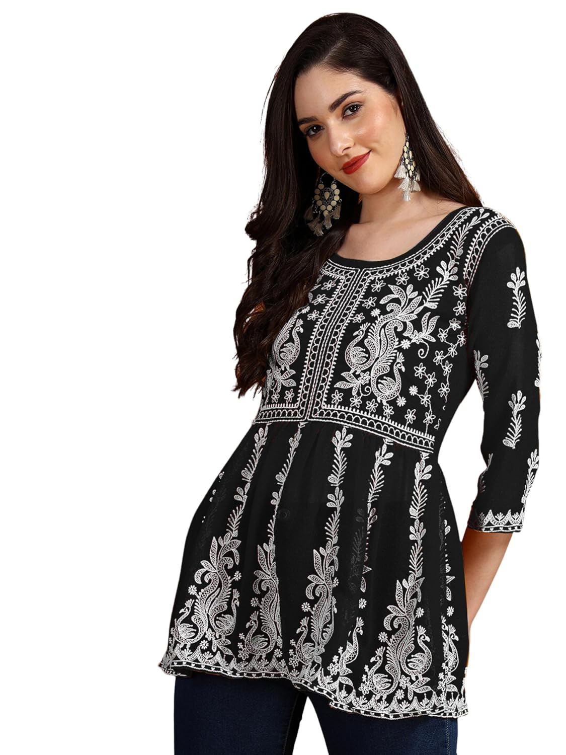 EthnicJunction Georgette Women Chikan Embroidery