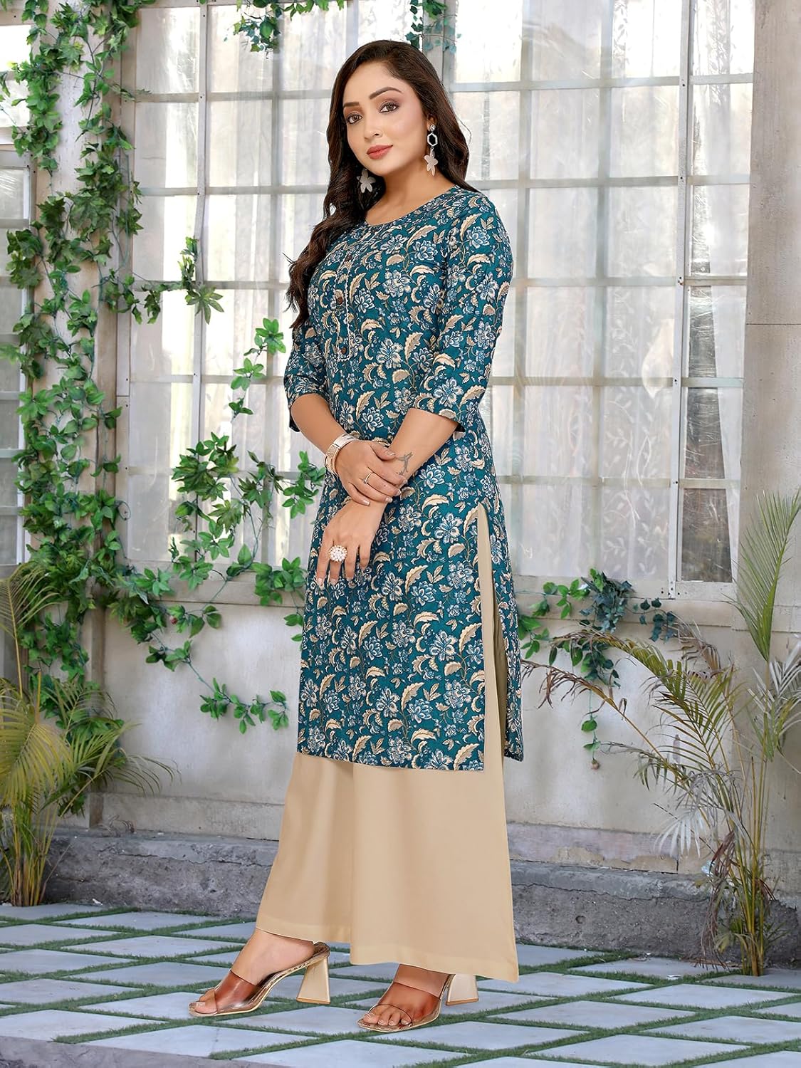 rangita Teal Cotton Straight Printed Knee Length Kurti