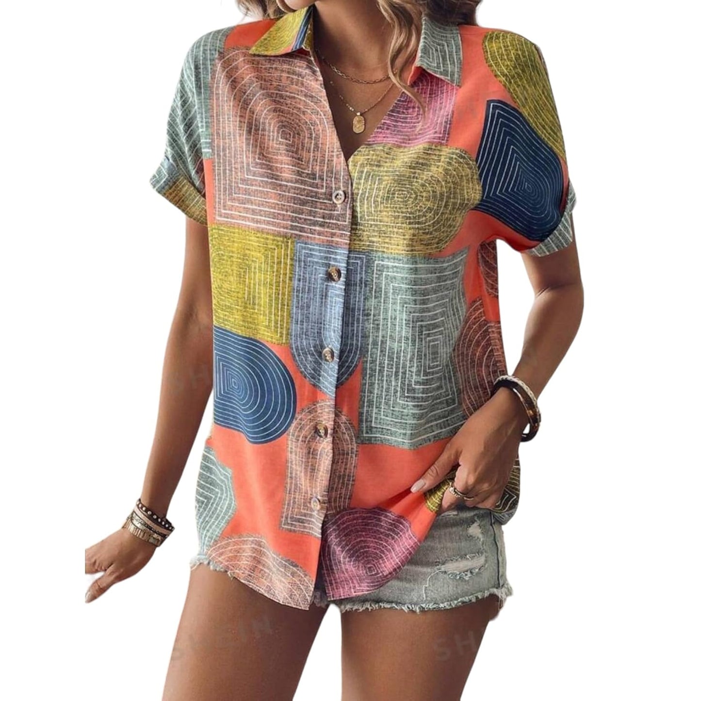 Gufrina Women's Colorful Abstract Geometric Print Shirt