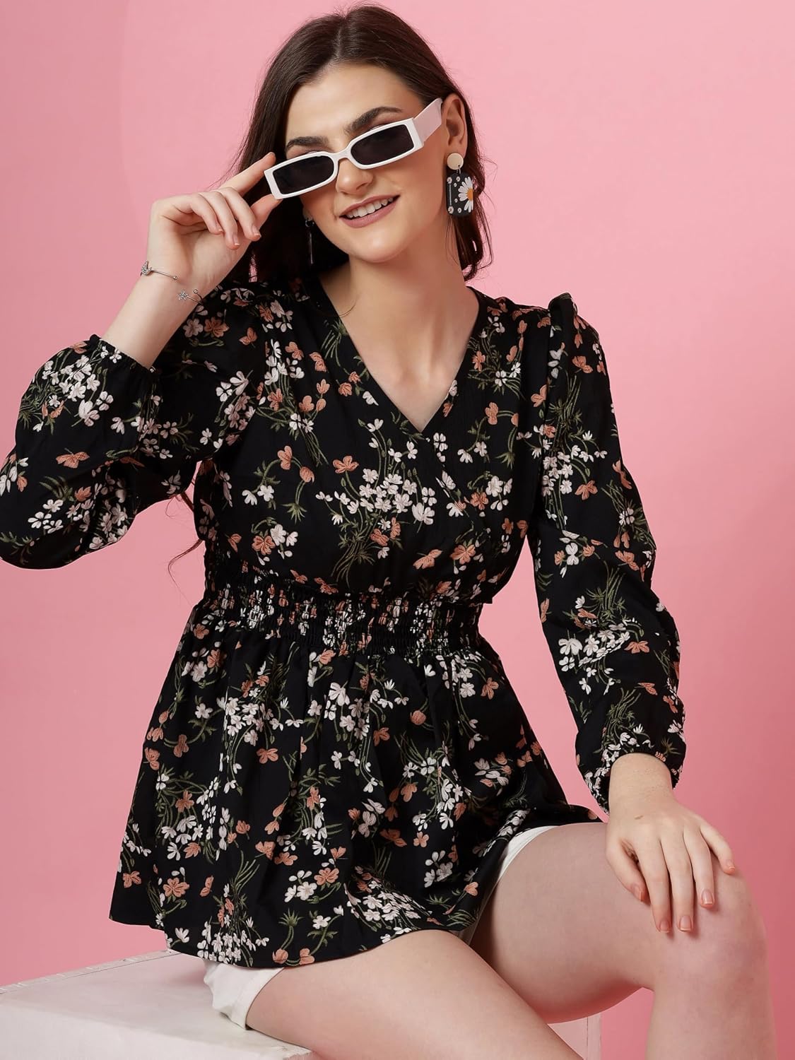 Sheetal Associates Women's Crepe Puff Sleeves Peplum Top with Floral Printed Regular Fit Full Sleeve and V-Neck Maxi Length