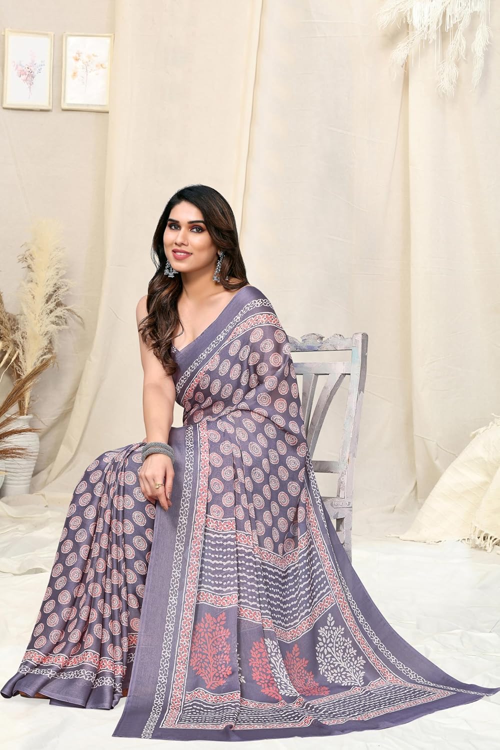Women's Chiffon Block Printed Saree with Blouse Piece