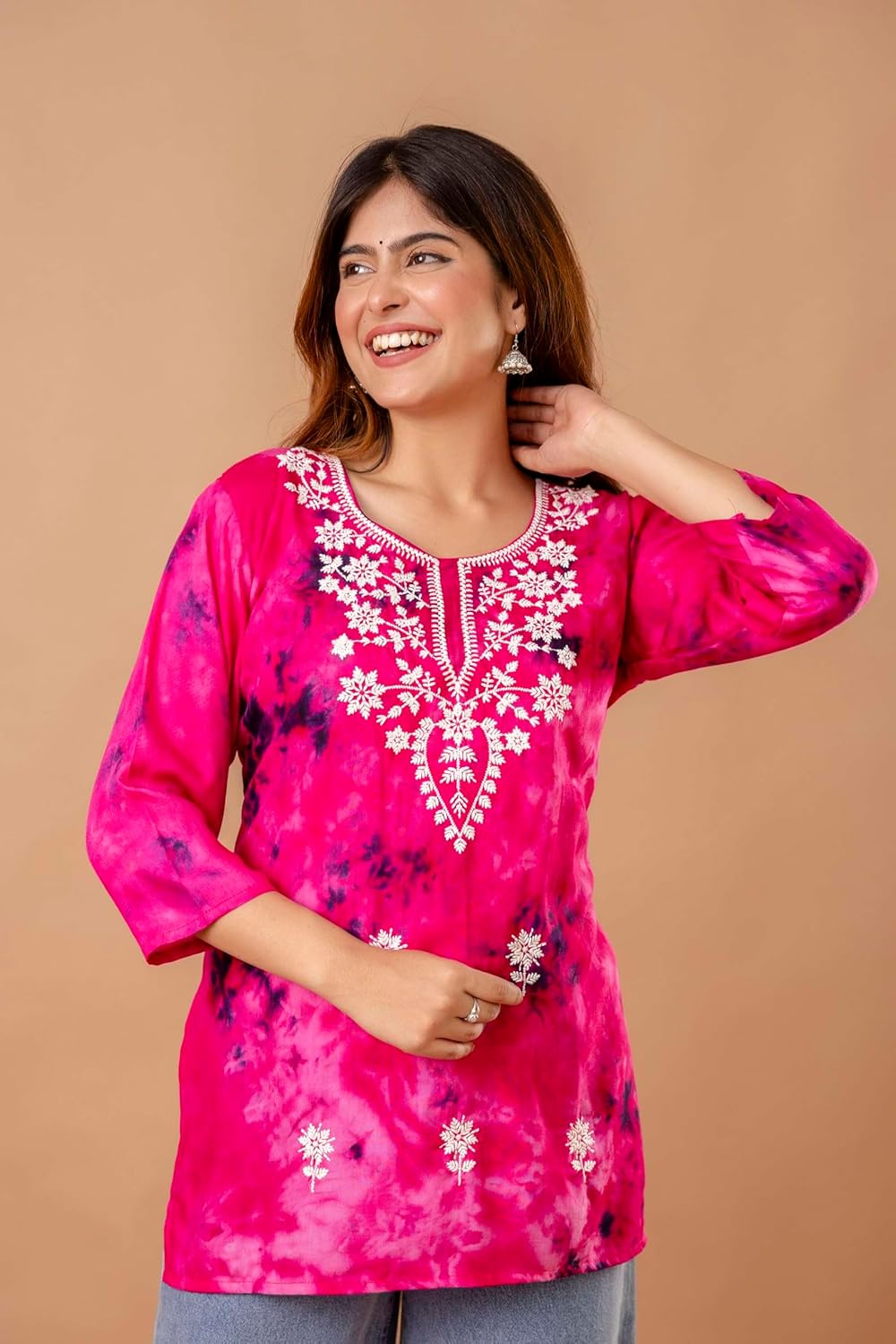 Women's Cotton Kurti with White Floral Embroidery