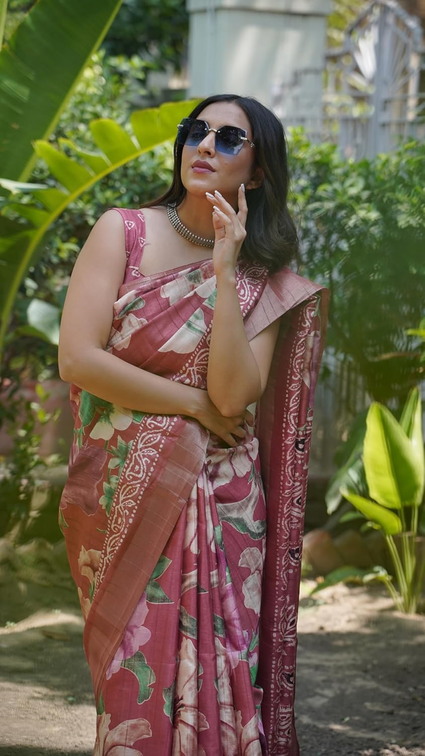 Women's Silk Blend Floral Printed Saree with Blouse Piece