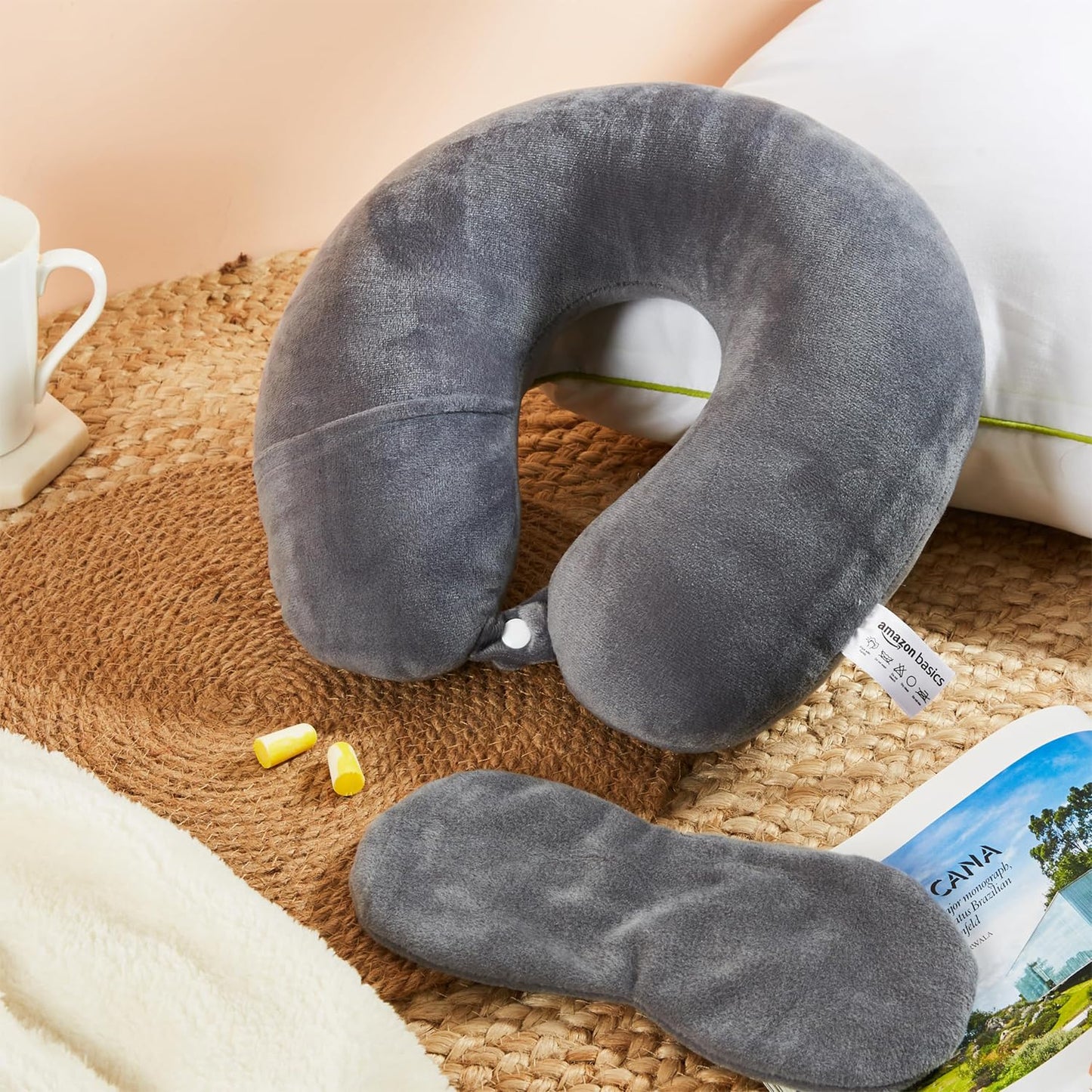 amazon basics Travel Neck Pillow | Soft Velvet Fabric