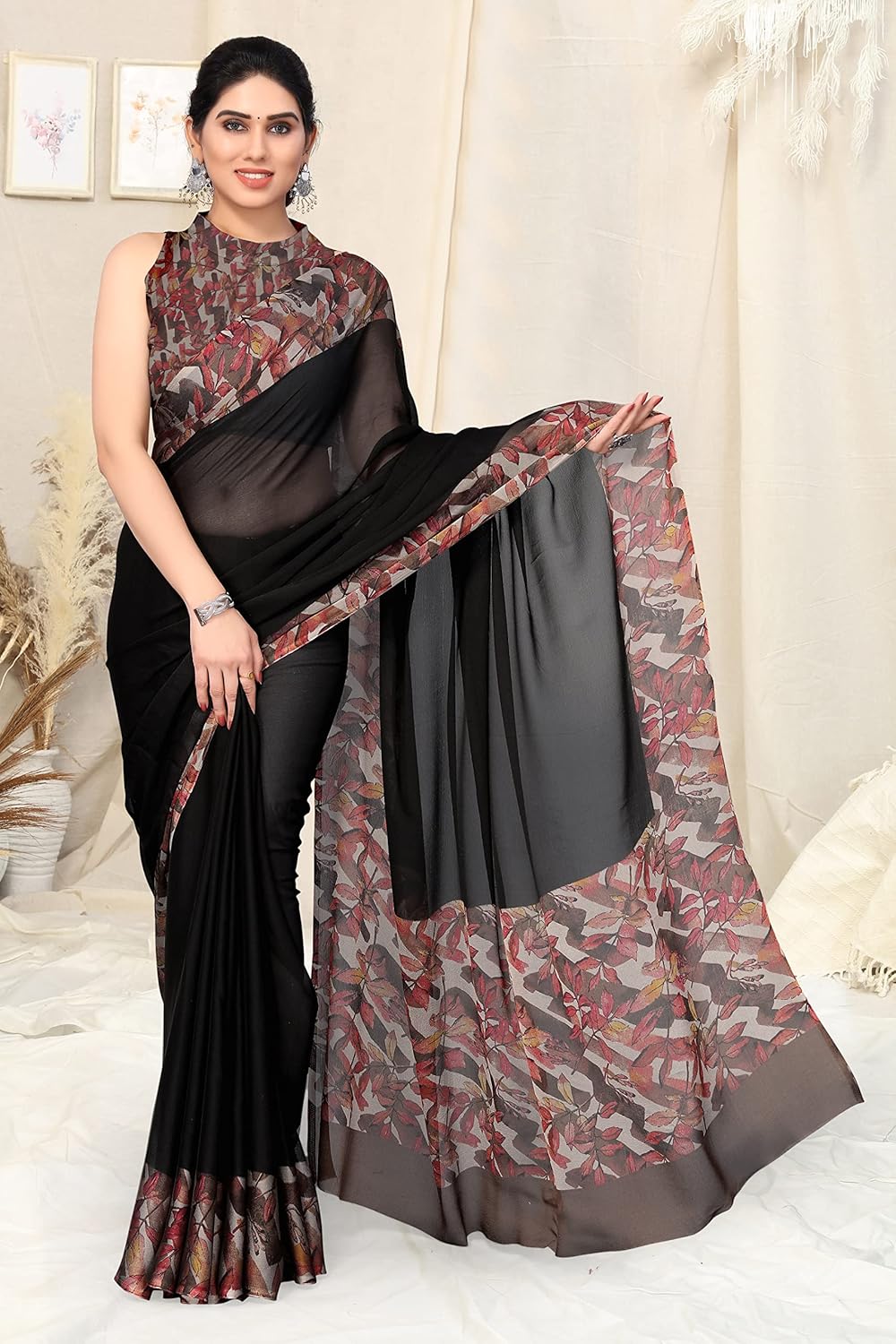 Beautiful Contrast Leaf Border Printed Design Solid Saree