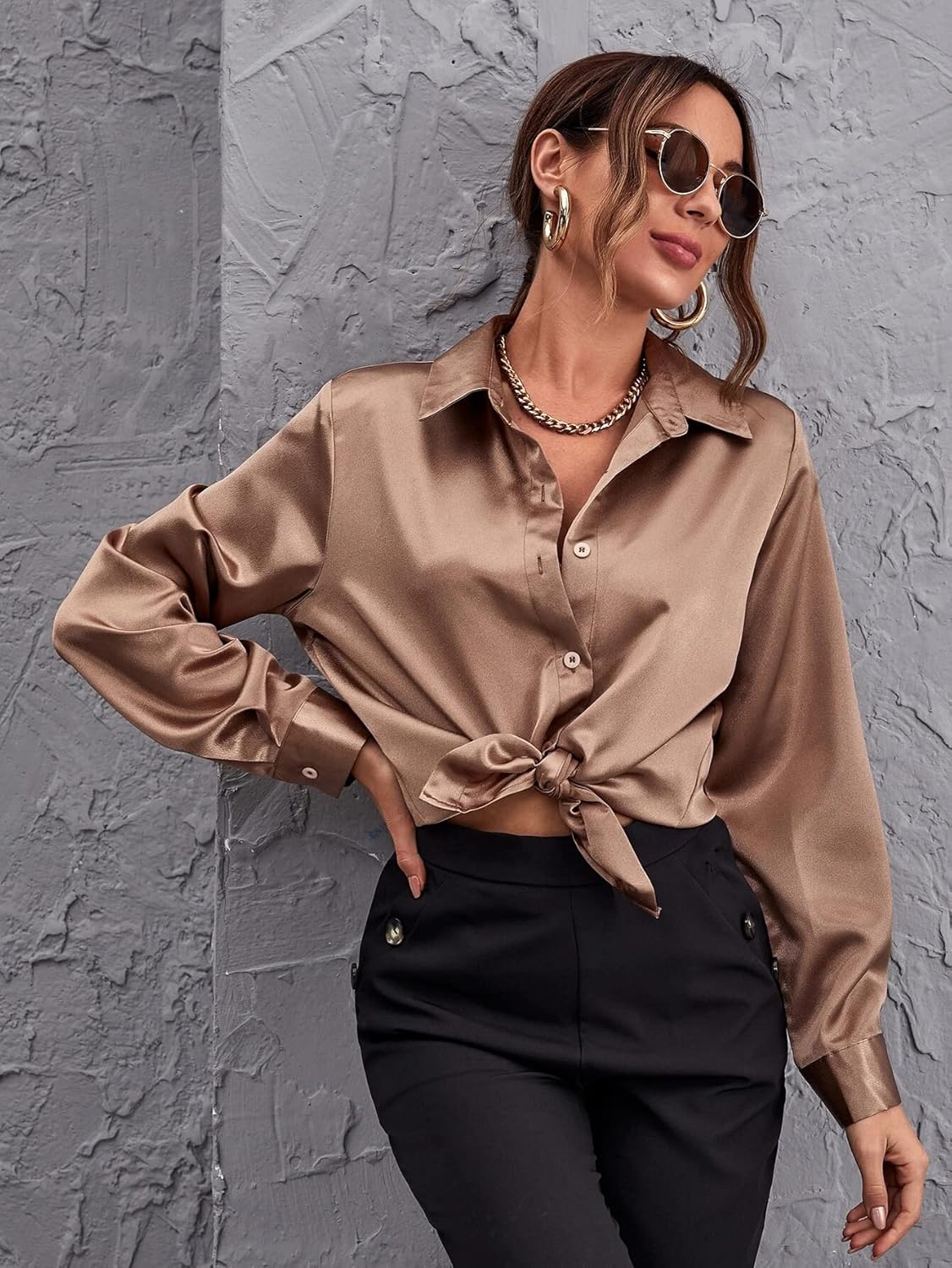 Bowrain Satin Silk Fabric Spread Collar Full Sleeve Top