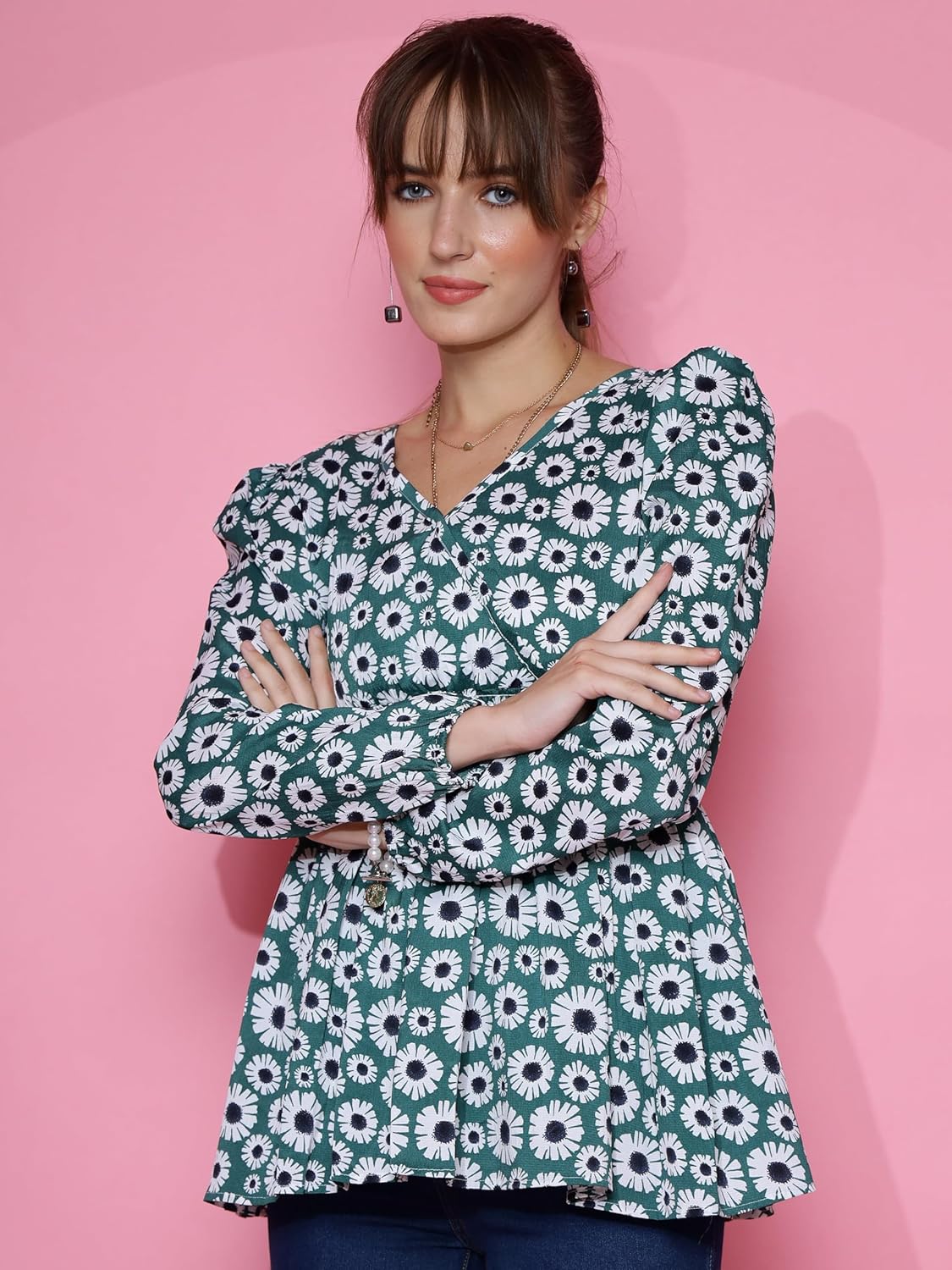 Sheetal Associates Women's Casual Bishop Sleeves Polka Print Peplum Top