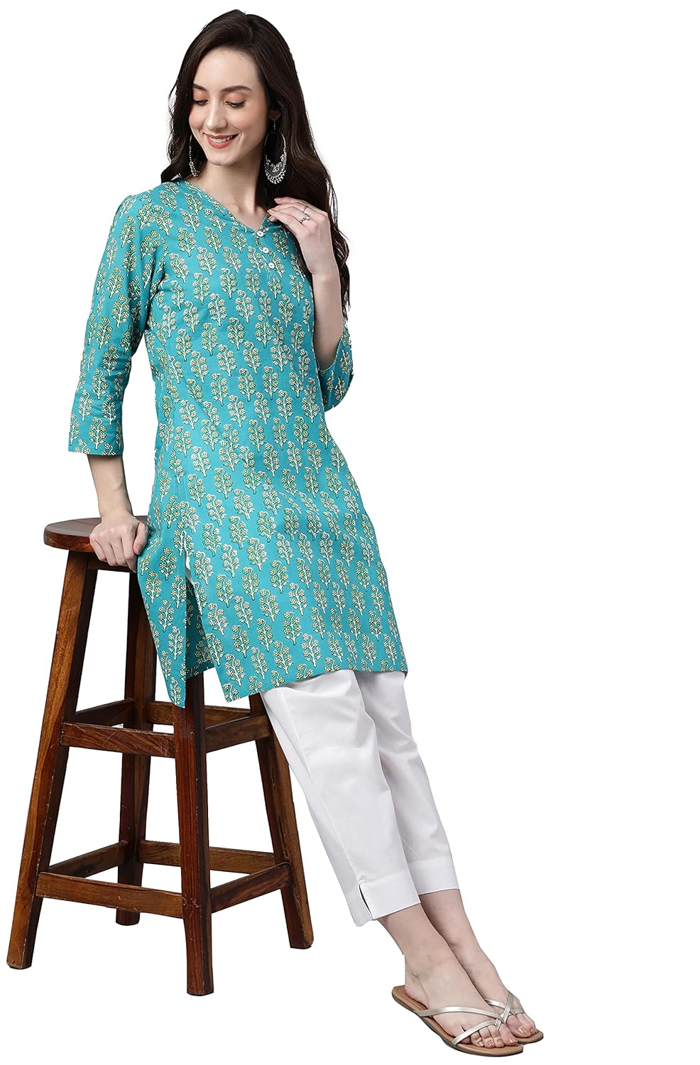 Women's Orange Rayon Gold Floral Print Straight Kurta