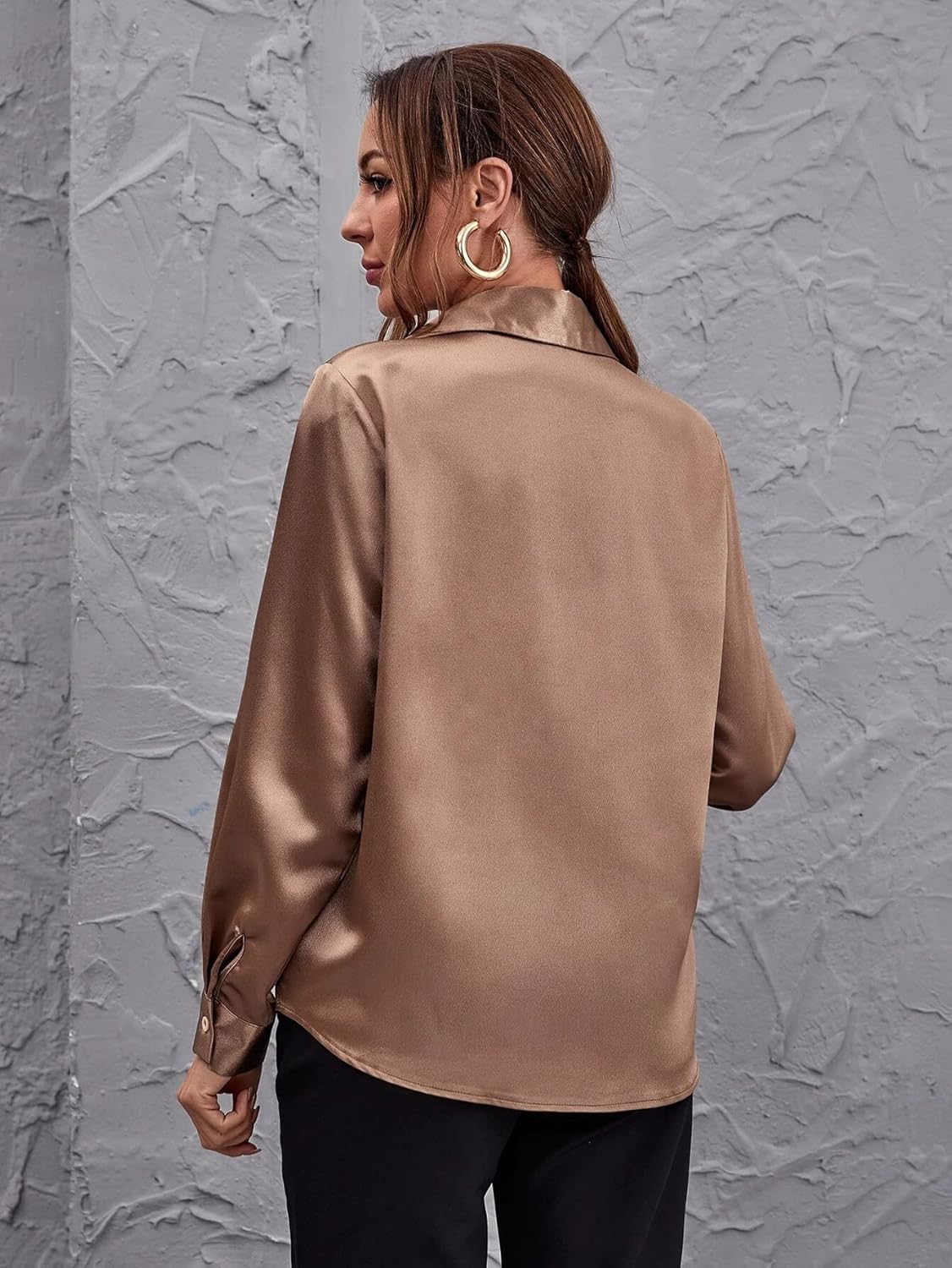Bowrain Satin Silk Fabric Spread Collar Full Sleeve Top