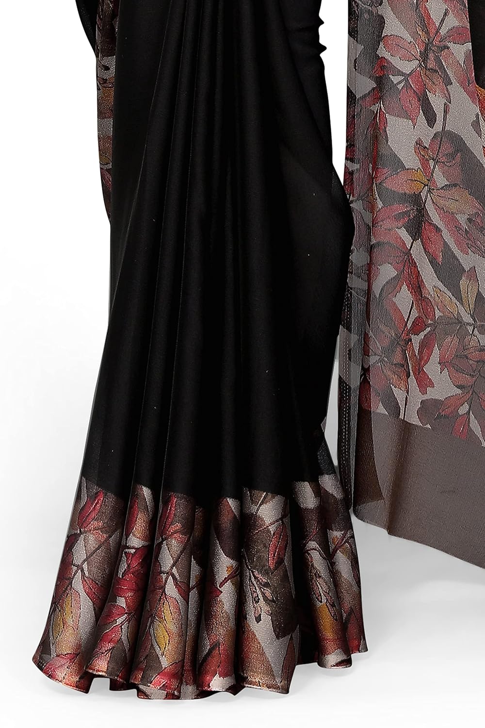 Beautiful Contrast Leaf Border Printed Design Solid Saree