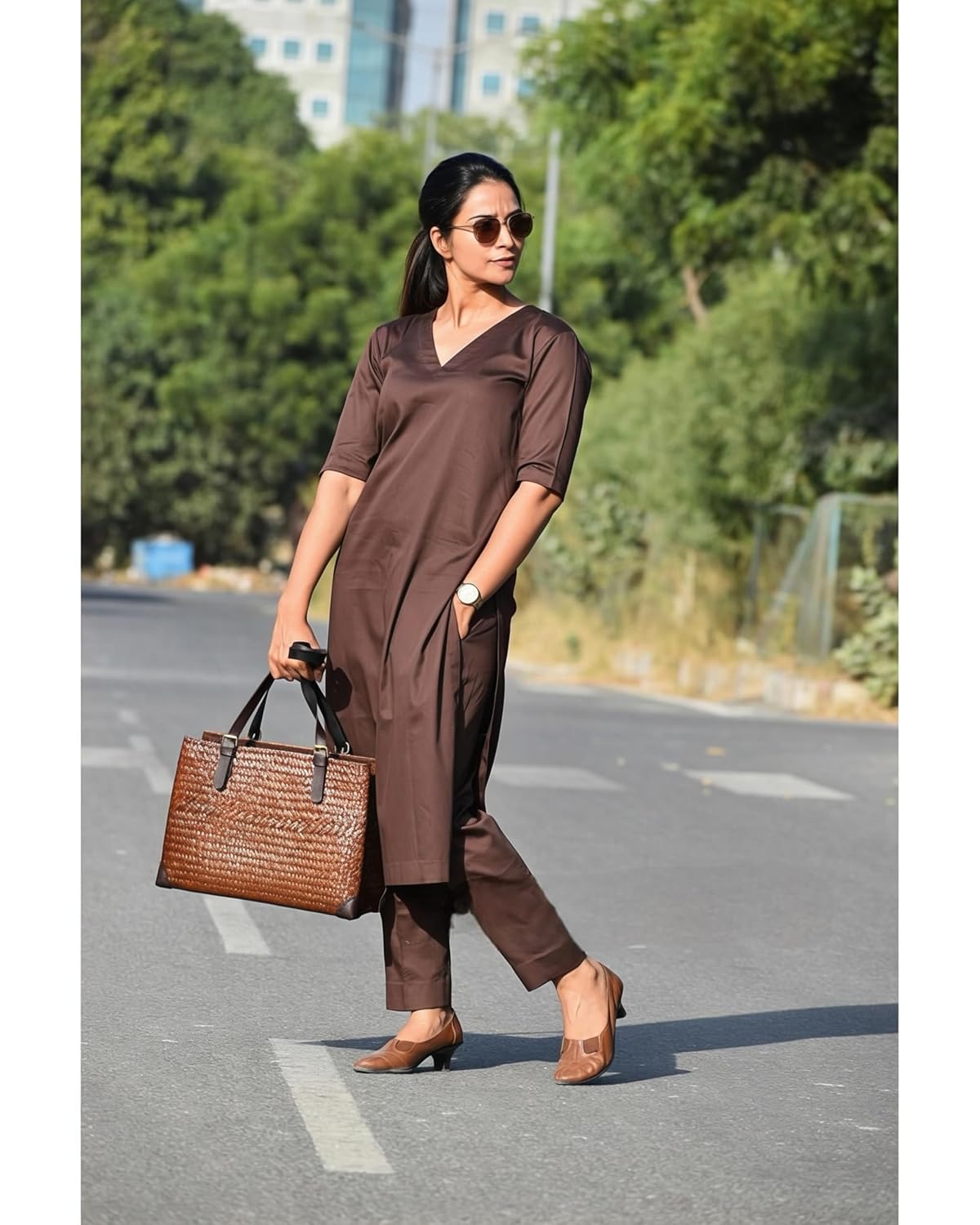 Women's Rayon Solid Plain v Neck Kurta Trouser/Pant Set