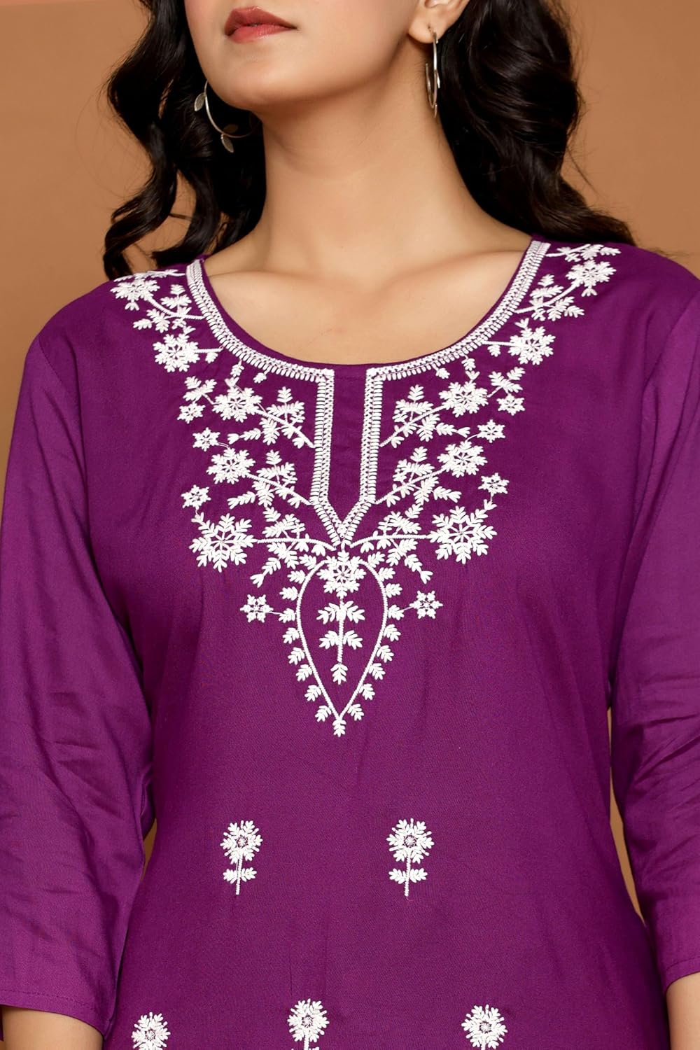 Women's Cotton Kurti with White Floral Embroidery
