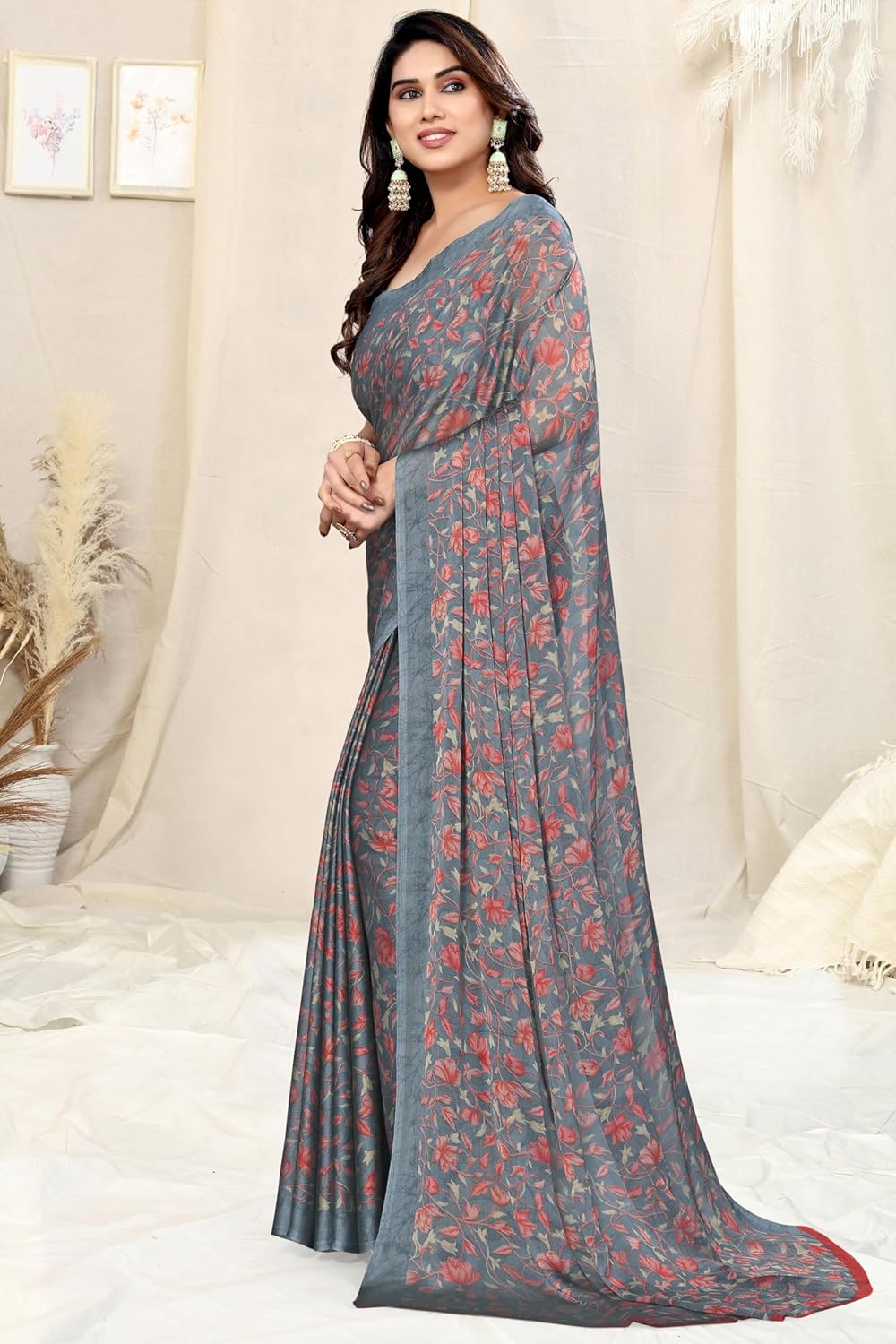 Women's Chiffon Floral Printed Saree with Blouse Piece