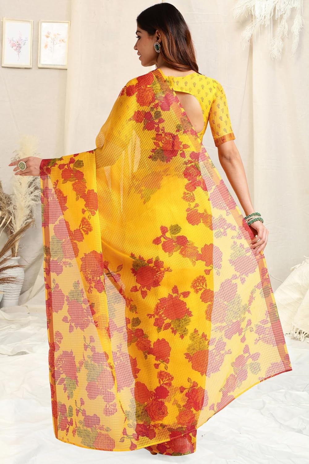 Women's Kota Floral Printed Saree with Blouse Piece