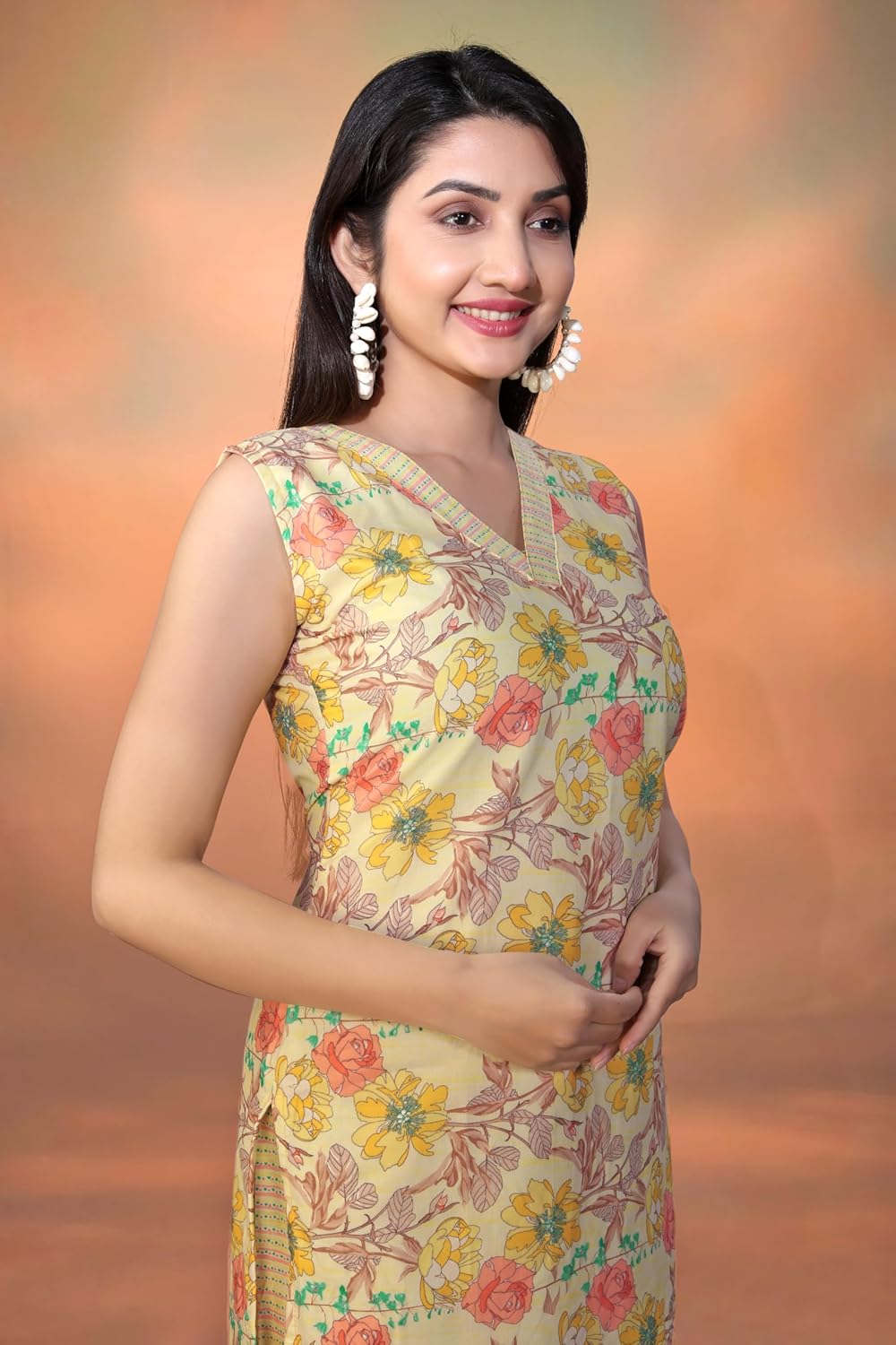 Varni Fabrics Floral Print Cotton Kurti, Sleeveless V-Neck