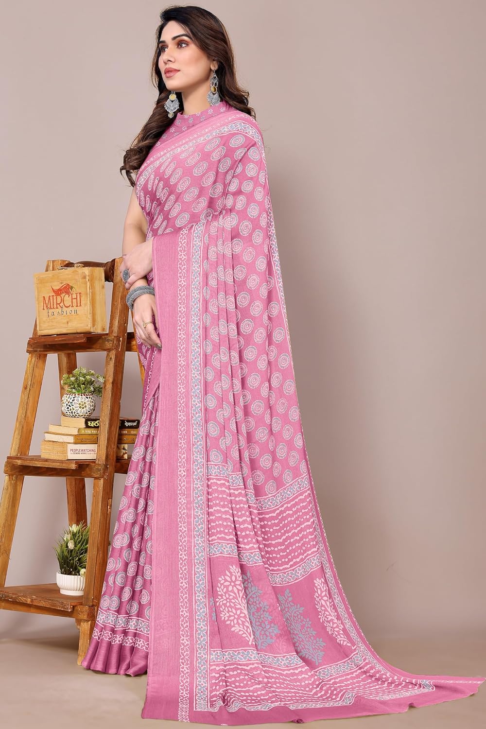 Women's Chiffon Block Printed Saree with Blouse Piece