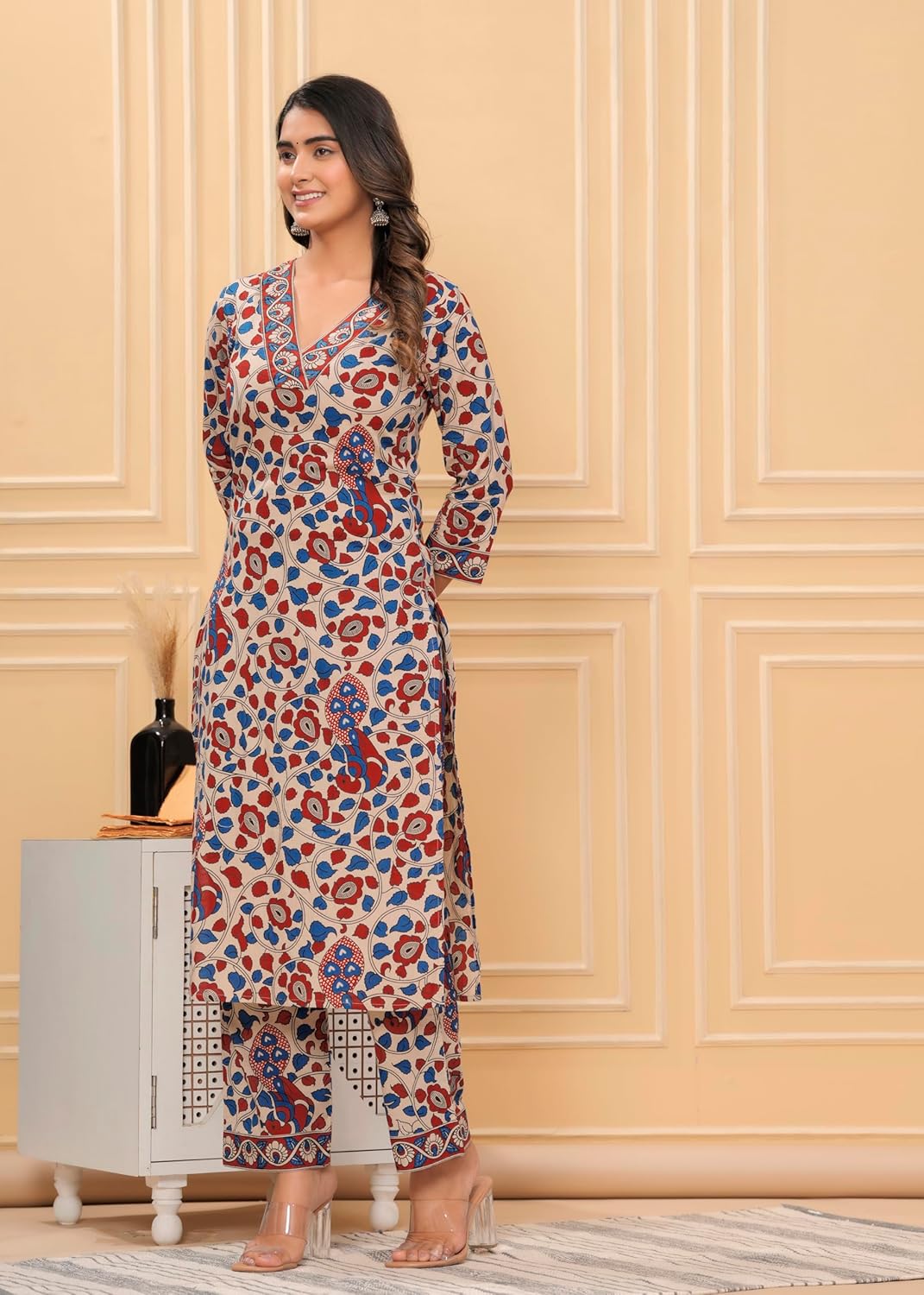 FAB Women's Cotton Printed Straight Kurta with Palazzo