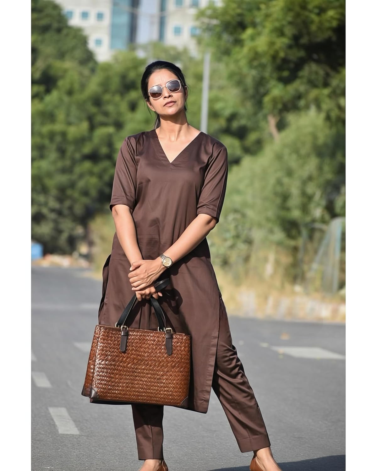 Women's Rayon Solid Plain v Neck Kurta Trouser/Pant Set