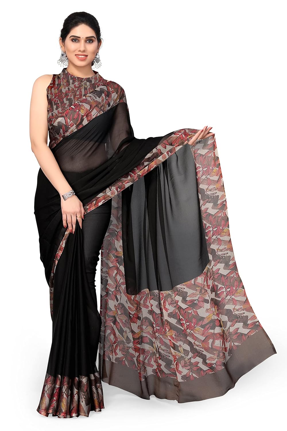 Beautiful Contrast Leaf Border Printed Design Solid Saree