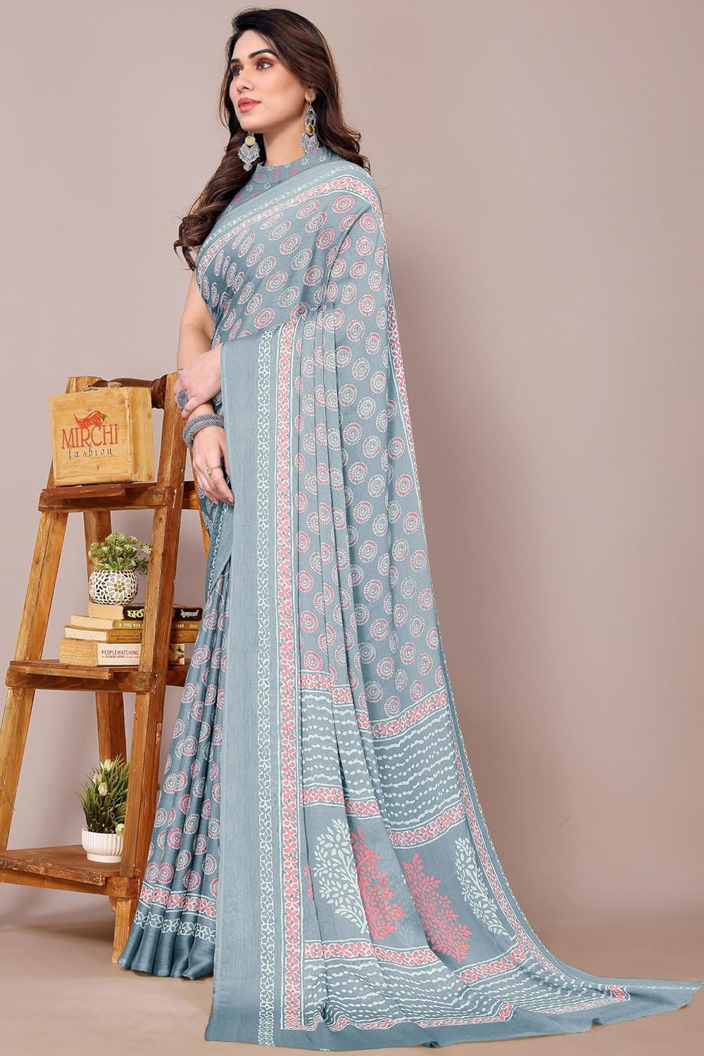Women's Chiffon Block Printed Saree with Blouse Piece