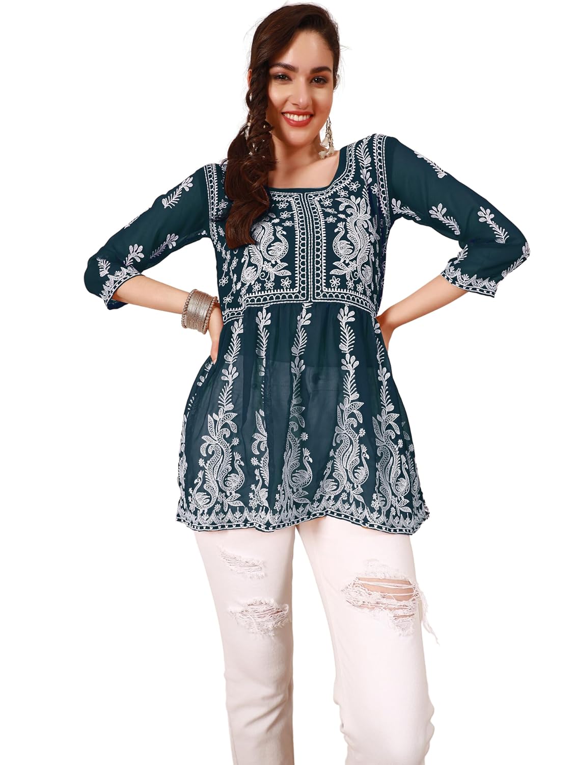 EthnicJunction Georgette Women Chikan Embroidery