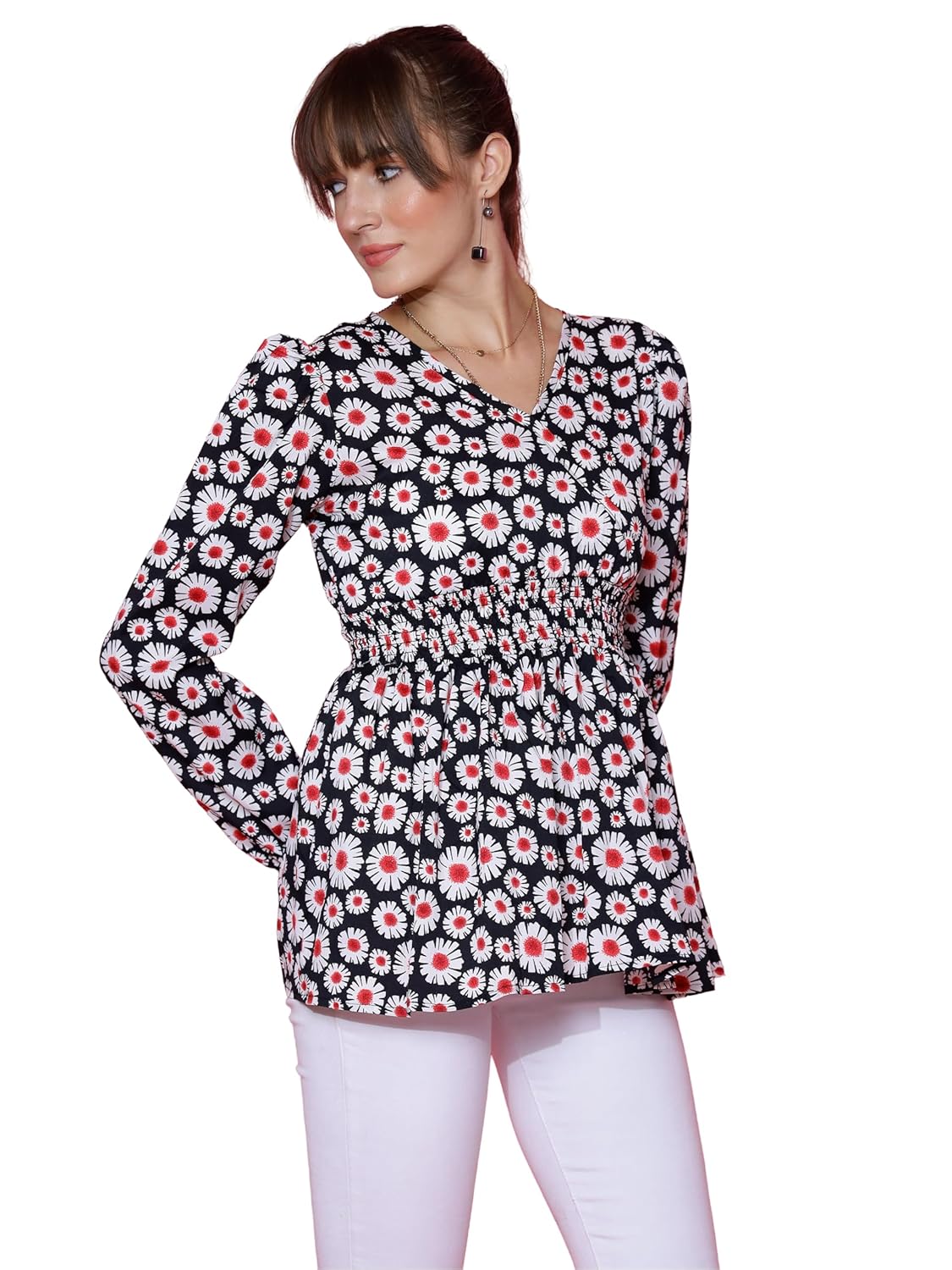 Sheetal Associates Women's Casual Bishop Sleeves Polka Print Peplum Top
