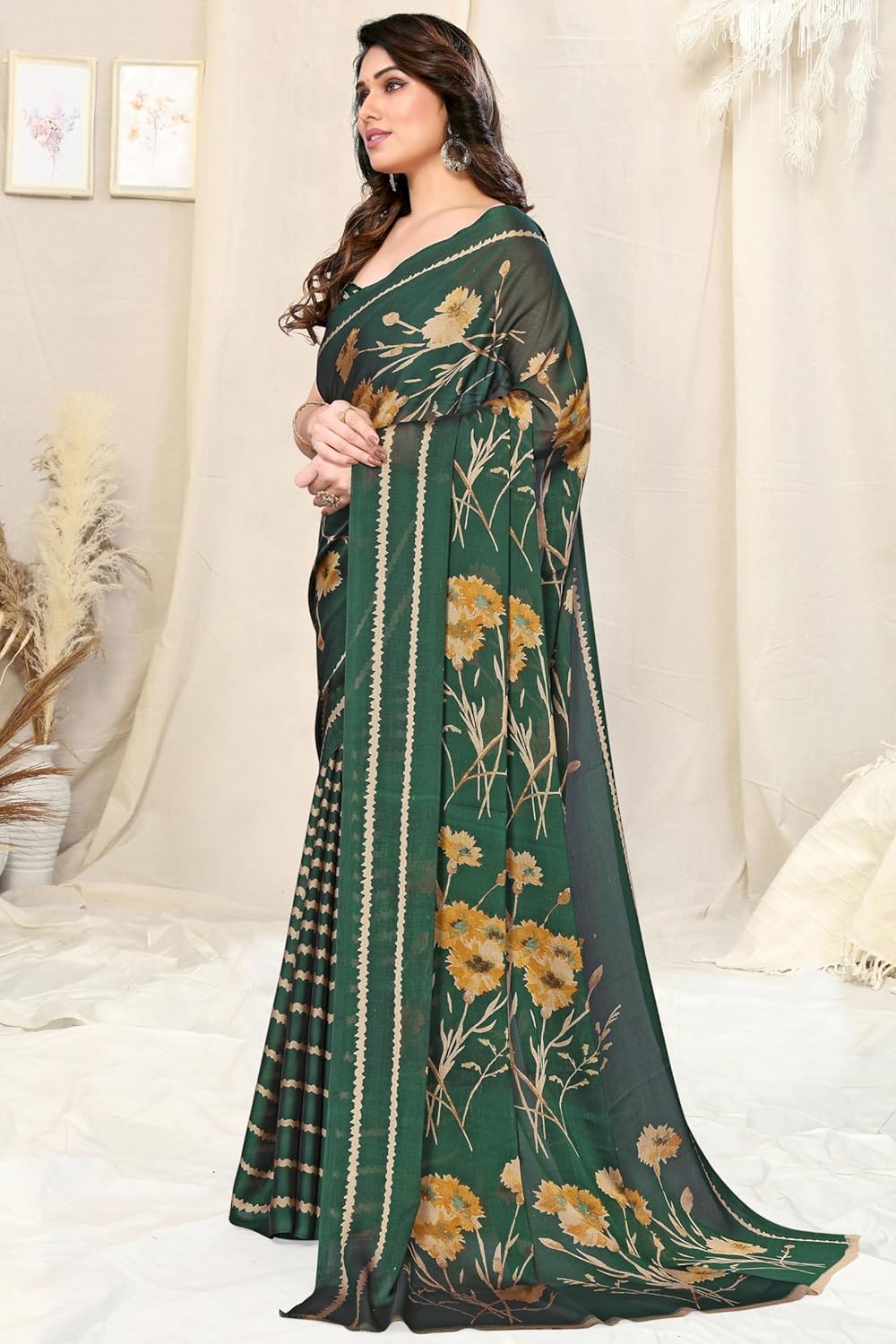 FASHION Women's Floral Printed Saree with Blouse Piece