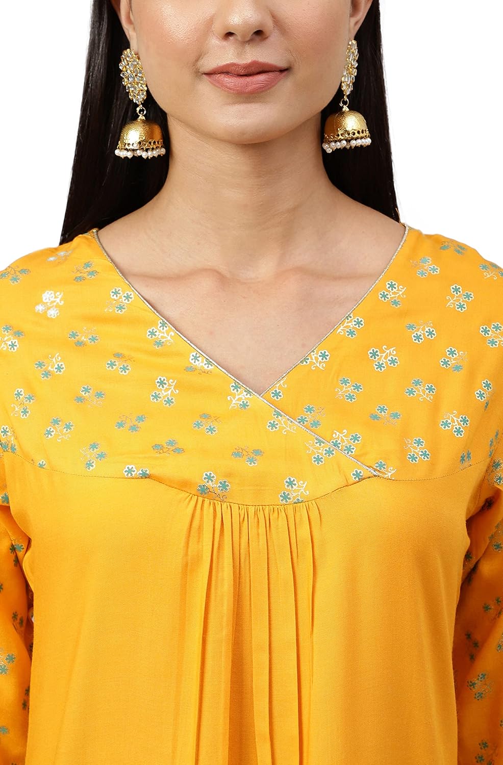 Women's Orange Rayon Gold Floral Print Straight Kurta