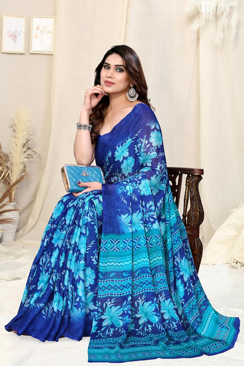 Women's Chiffon Floral Printed Saree with Blouse Piece