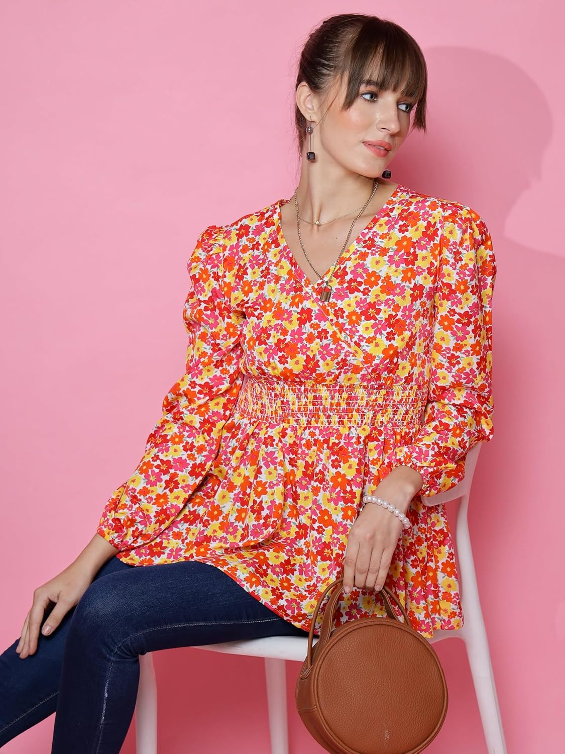 Sheetal Associates Women's Casual Bishop Sleeves Polka Print Peplum Top