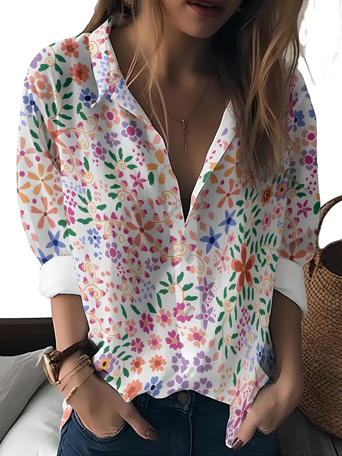 Gufrina Shirt for Women| Long Shirt for Women| Floral Print | Button-Down Western Shirt| Roll-Up Sleeves| Casual Relaxed Fit for Women