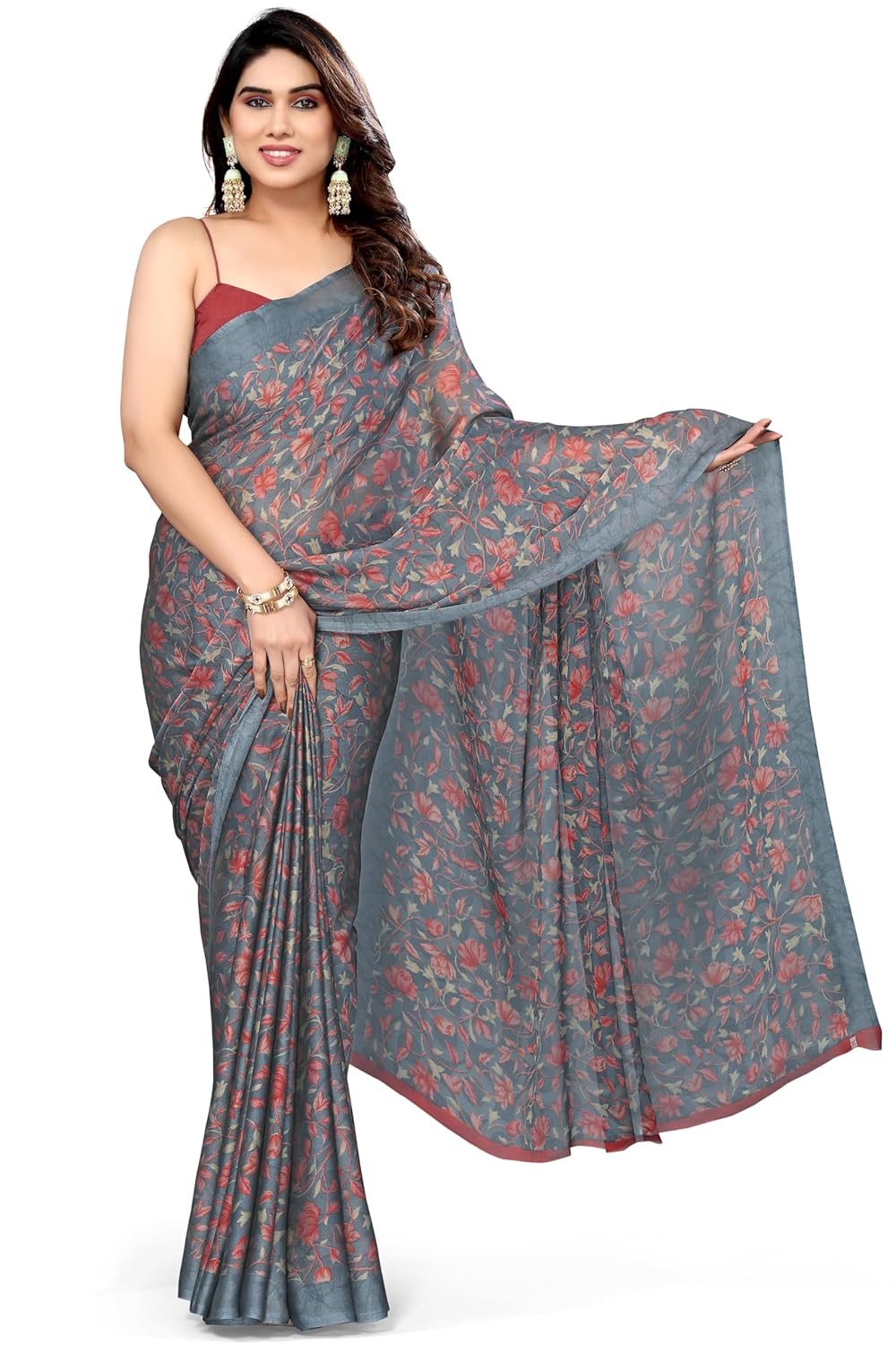 Women's Chiffon Floral Printed Saree with Blouse Piece