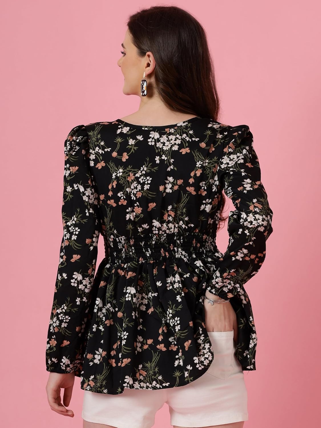 Sheetal Associates Women's Crepe Puff Sleeves Peplum Top with Floral Printed Regular Fit Full Sleeve and V-Neck Maxi Length