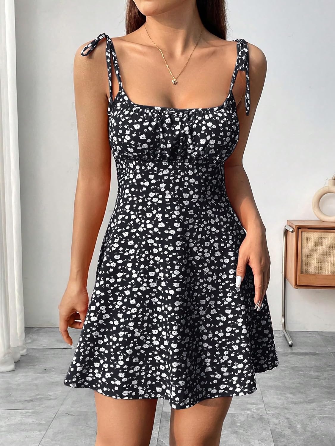 Aahwan Summer Vacation Style Floral Print Spaghetti Strap with Shoulder Ties Mini DressFor Women's & Girl's