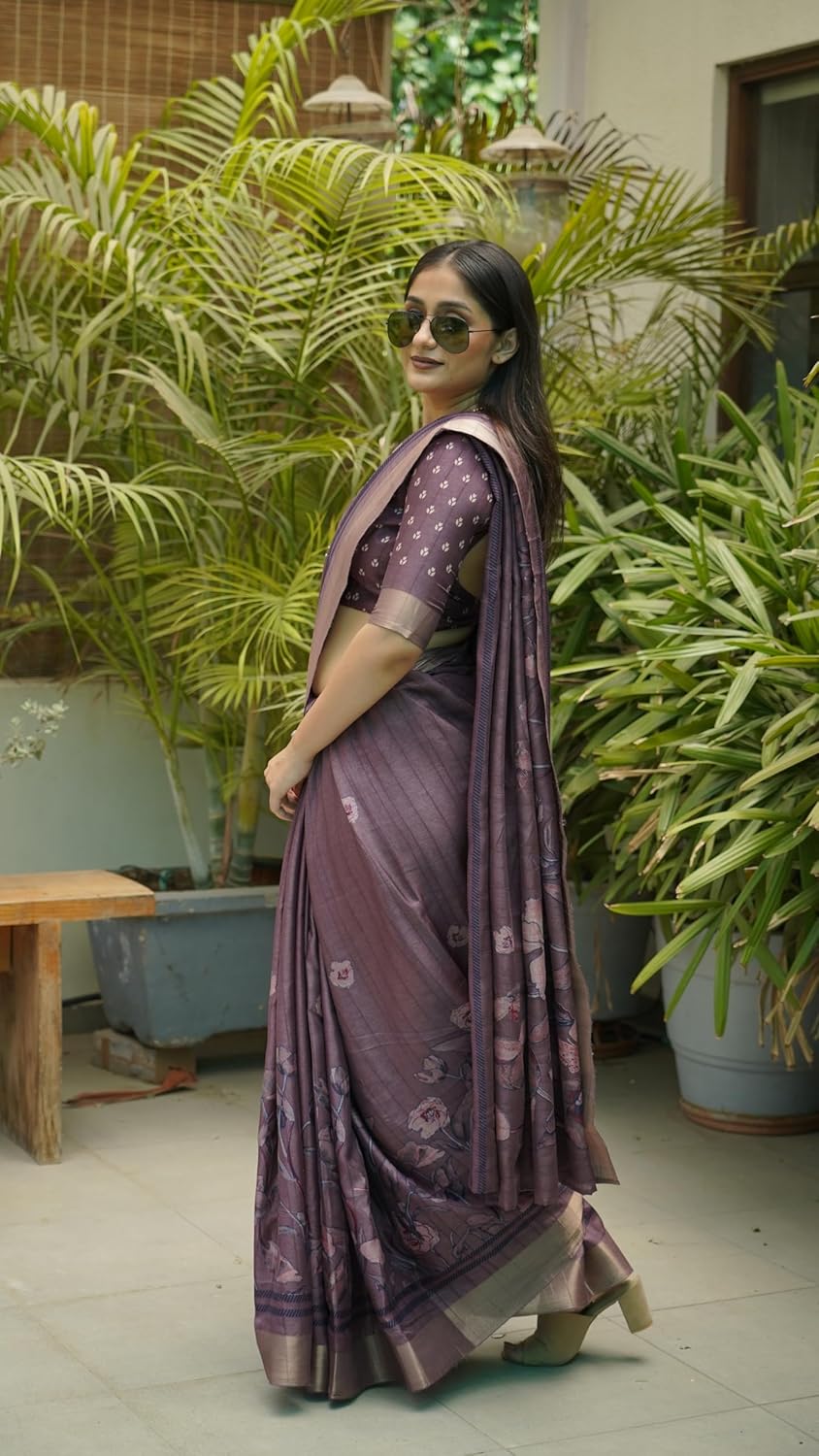 Women's Silk Blend Floral Printed Saree with Blouse Piece